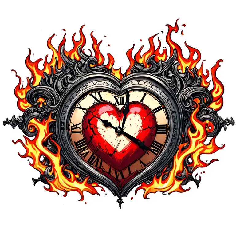 "Mélanie" clock heart in flame tattoo design idea