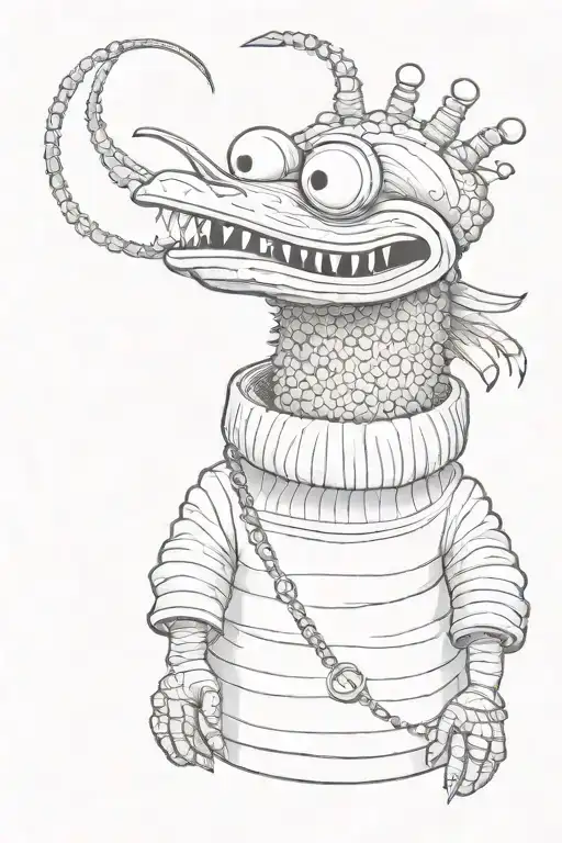 pepe the king prawn wearing a black turtleneck sweater and a gold chain tattoo design idea
