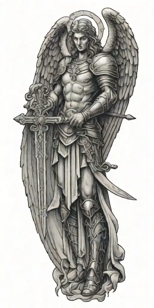 archangel holding sword with cross tattoo design idea