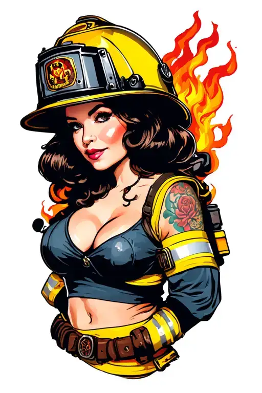 curvy firefighter pinup girl with tattoos tattoo design idea