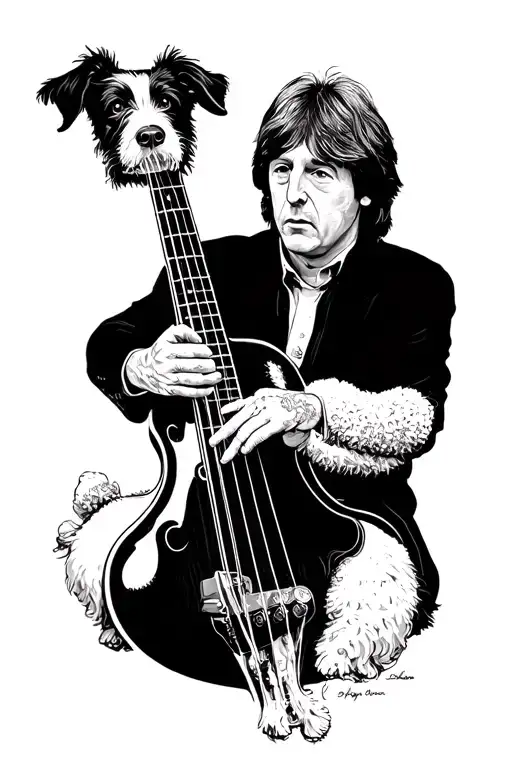 Paul McCartney playing his bass with his sheep dog tattoo design idea