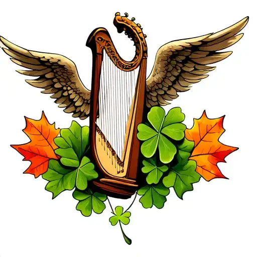 angel in harp Irish harp with maple leaf and clovers tattoo design idea
