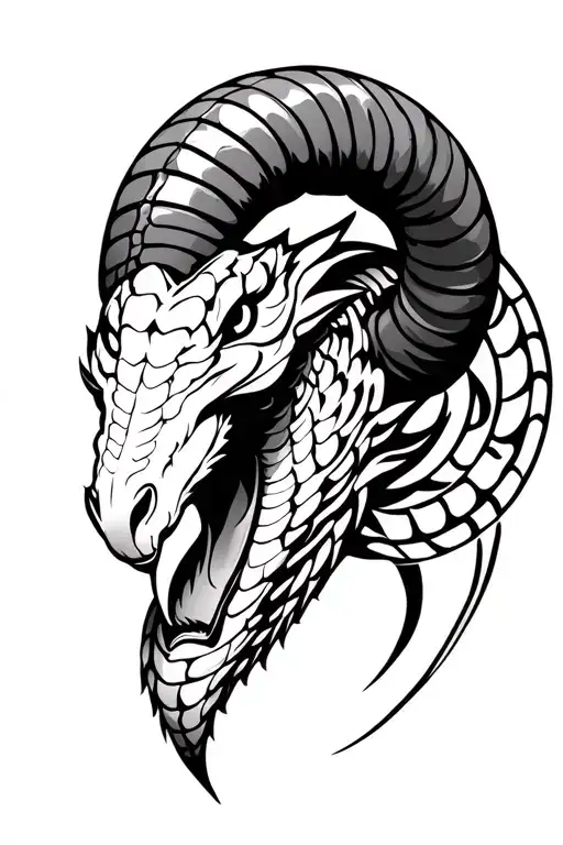 top down outline of snake head with ram horns tattoo design idea