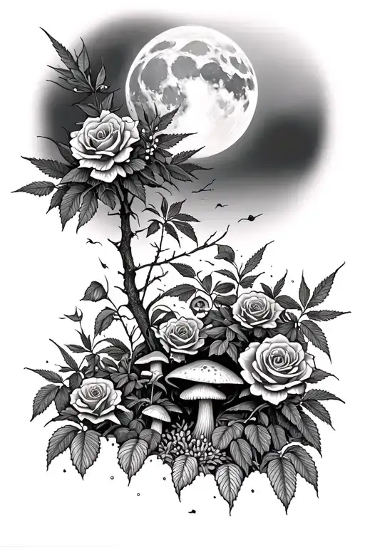 A tattoo of a moonlit scene with a blooming rose bush, incorporating weed and magic mushrooms tattoo design idea