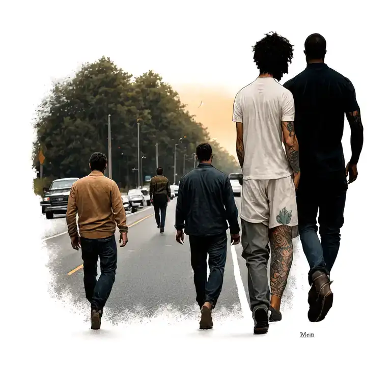"men walk on road" Christian tattoo design idea