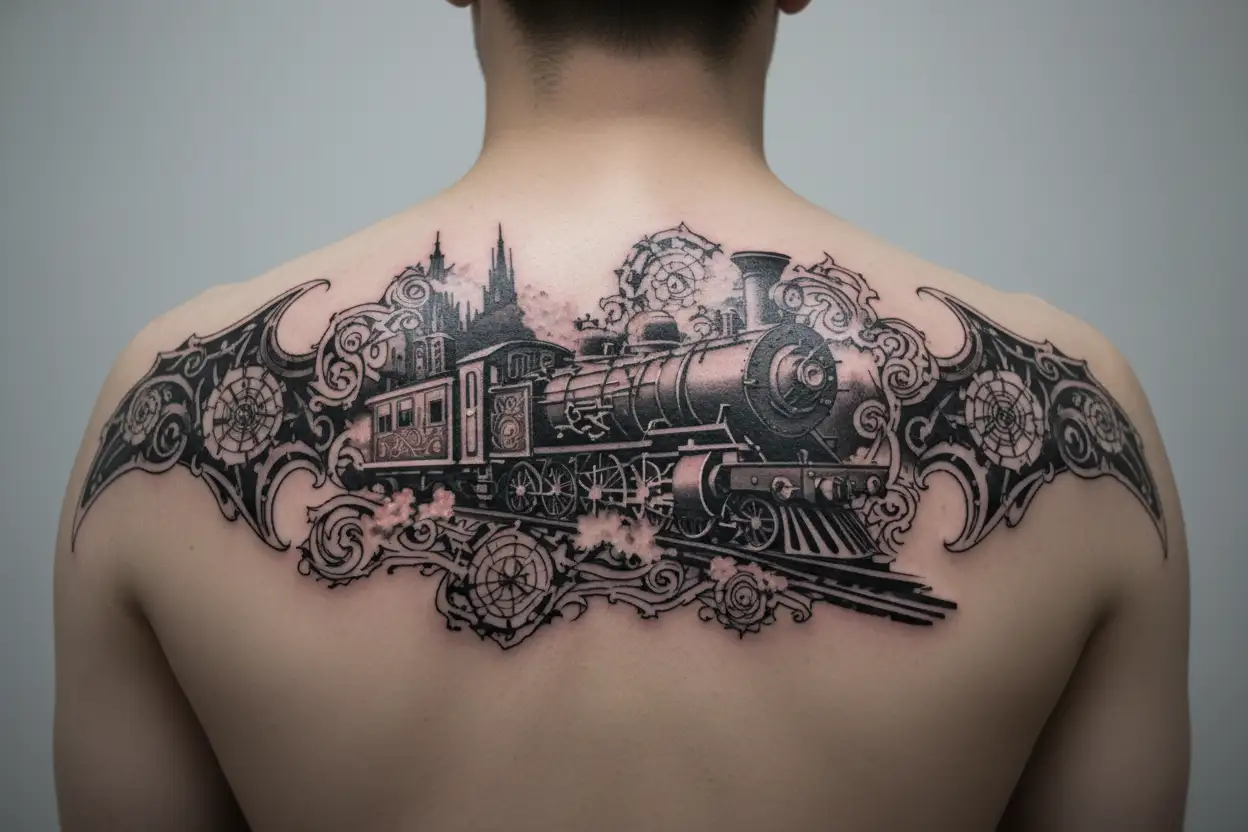 A train winding through a smoky compass rose surrounded tattoo design idea