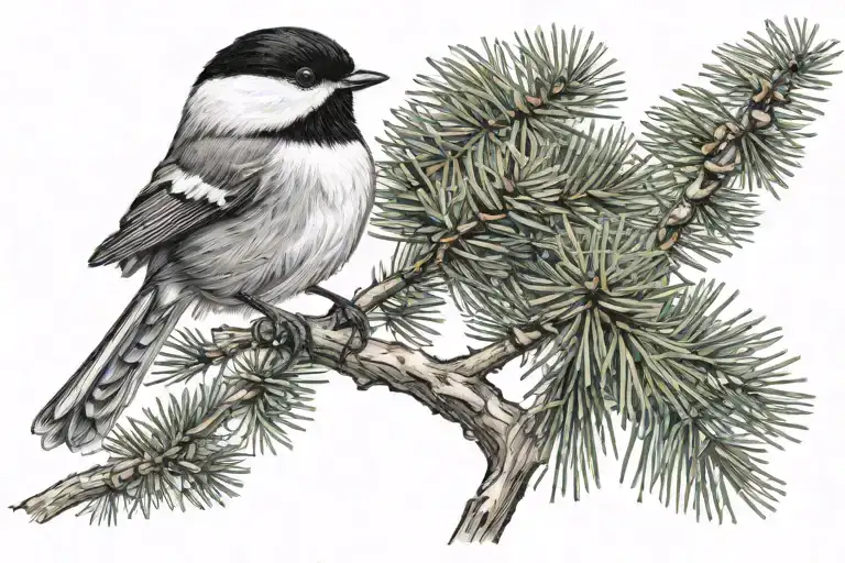 chickadee perched on pine tree tattoo design idea