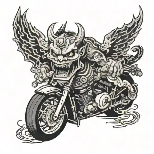 demon with harley davidson motorcycle engine tattoo design idea