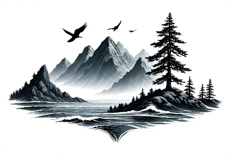 black and white mountains ocean trees birds simple tattoo design idea