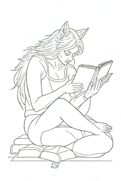 lone wolf with sigma female character reading a book tattoo design idea