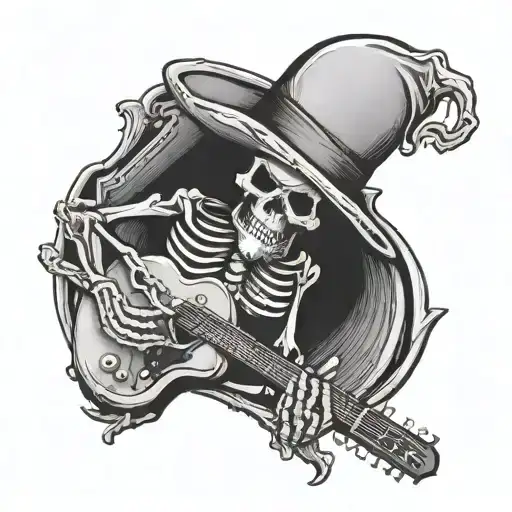 skeleton with hat playing guitar tattoo design idea