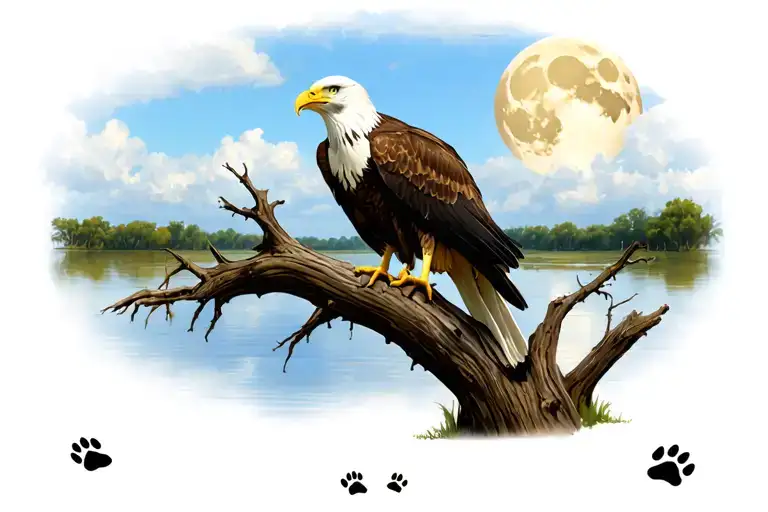 african fish eagle perched on a dead tree in a river bed with wild dog paw prints in the ground and a crescent moon  tattoo design idea