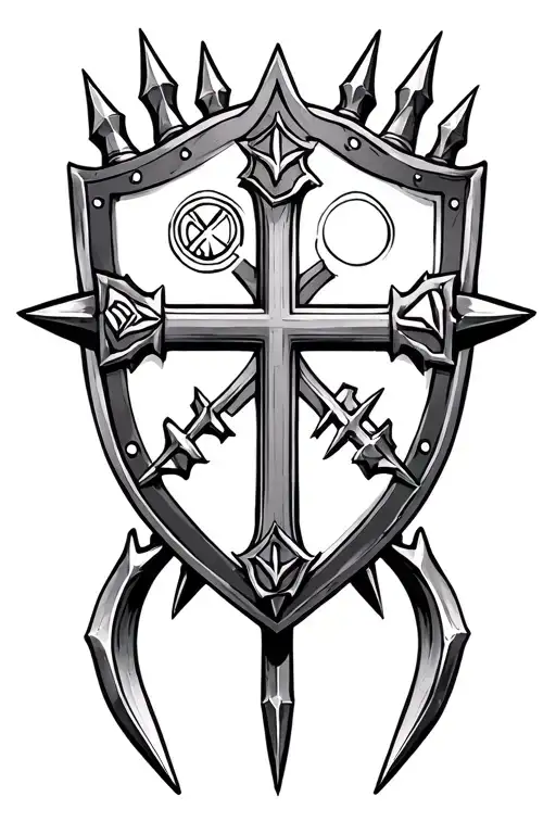 shield with symbols in each section of a cross made of two large spike nails tattoo design idea