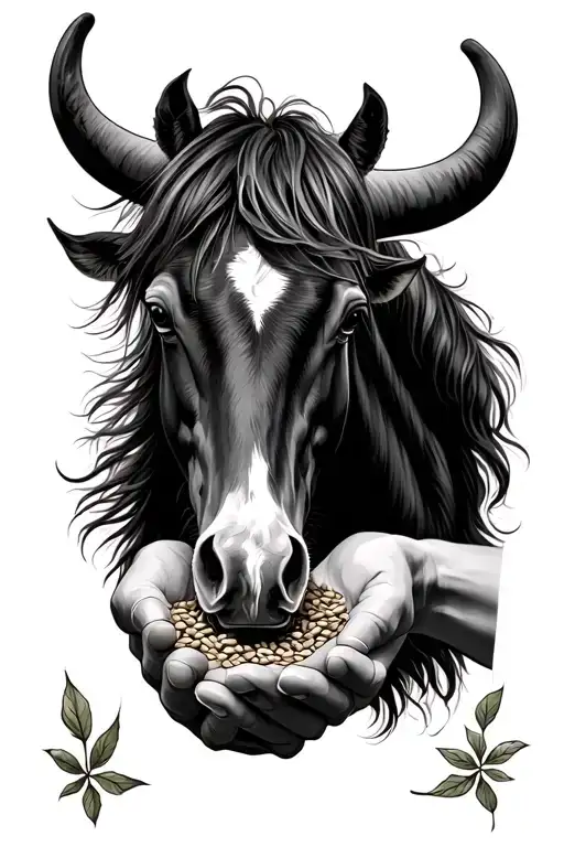 horse, ox, and hands holding seeds tattoo design idea