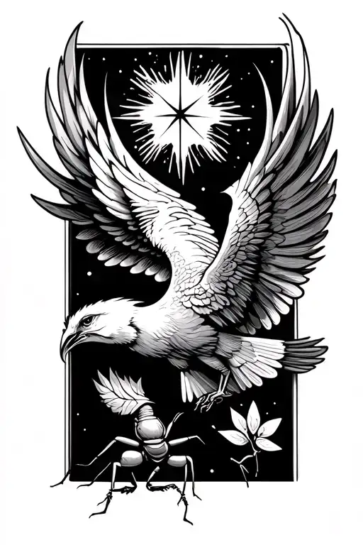a phoenix flying under a philant star brings a leaf of lorium in its beak to an ant alone pushed aside tattoo design idea