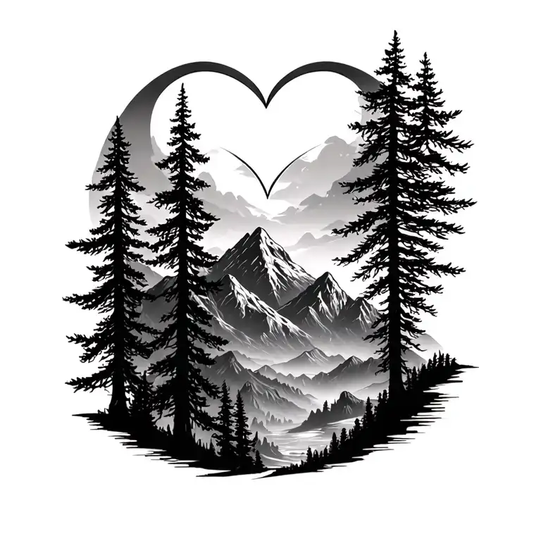 mountains and tree with heart beats between tattoo design idea