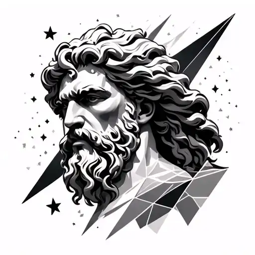 abstract tattoo of zeus on leg with stars and geometric tattoo design idea