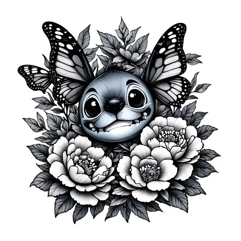 little stitch and peonies and butterfly tattoo design idea