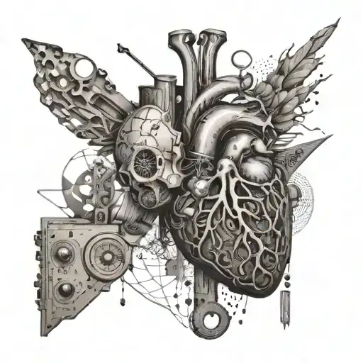 A surreal composition of decaying organs and medical instruments merging with abstract geometric shapes, representing the duality of life and death tattoo design idea