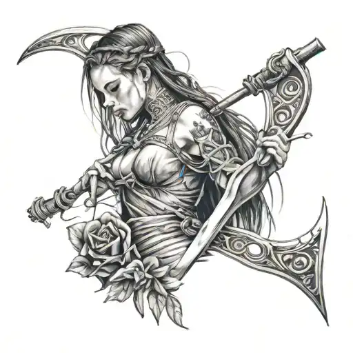 Tattoo on the forearm of a girl with a scythe, closed on the outside, on the inside, a girl with a braid opens with a se tattoo design idea