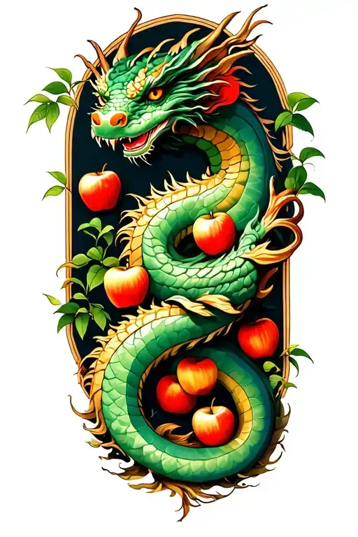 a dragon is coiled around the garden of eden tree with apples tattoo design idea