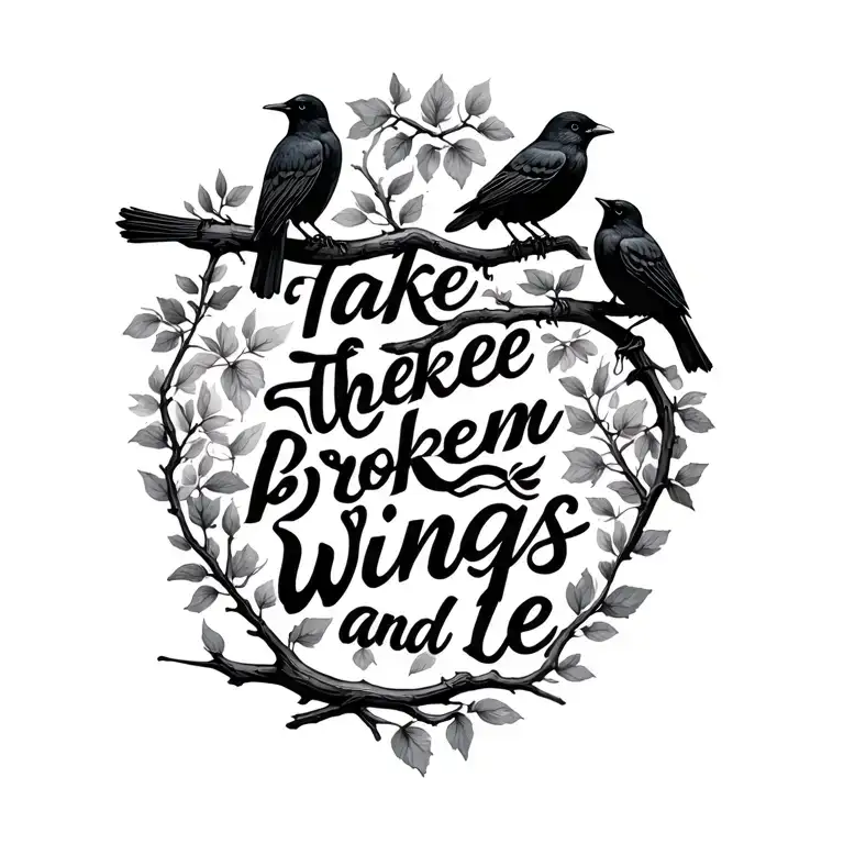 "Take these broken wings and le" blackbirds on branch representing a different family tattoo design idea
