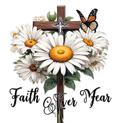 daisy flower with stem Daisy Mae in cursive writing faith over fear with a crucifix and butterfly  tattoo design idea