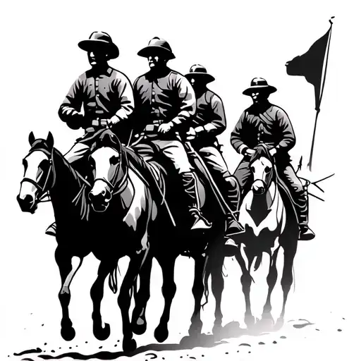 A line of silhouetted World War I cavalry soldiers riding on horseback, shown in profile tattoo design idea