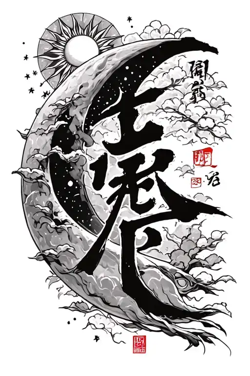 Japanese kanji "Fall seven times, get up eight" with sun and moon tattoo design idea