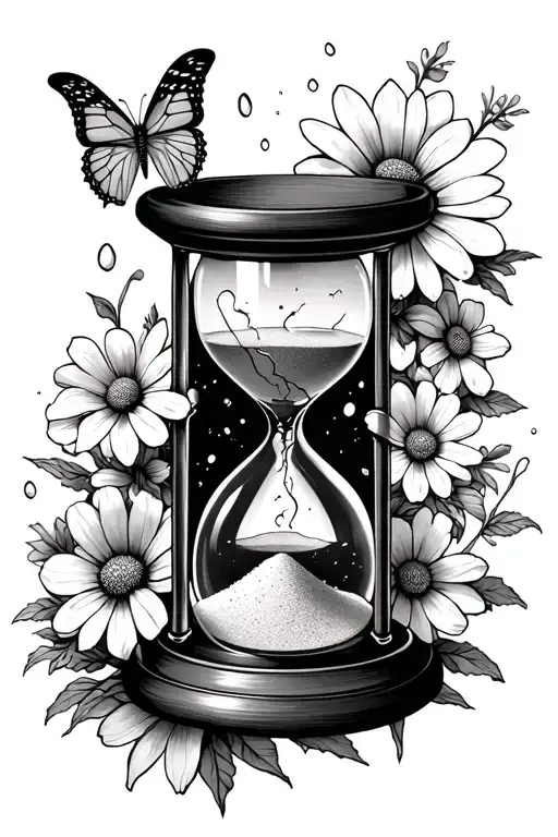 Fine line hour glass with cosmos flowers and sand falling with cracked glass and a beautiful detailed butterfly  tattoo design idea