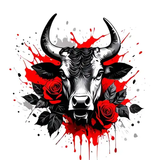 Bull's head, black roses and leaves in the background tattoo design idea