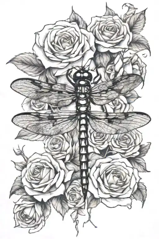 one dragonfly, roses  tattoo design idea