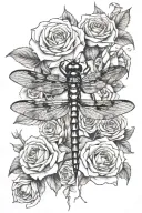 one dragonfly, roses  tattoo design idea