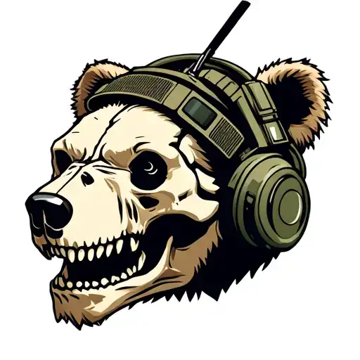 A bear skull wearing a special forces radio headset with night vision lenses facingthecamera. tattoo design idea