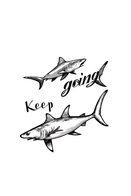 "Keep going" 3 small sharks swimming around it tattoo design idea