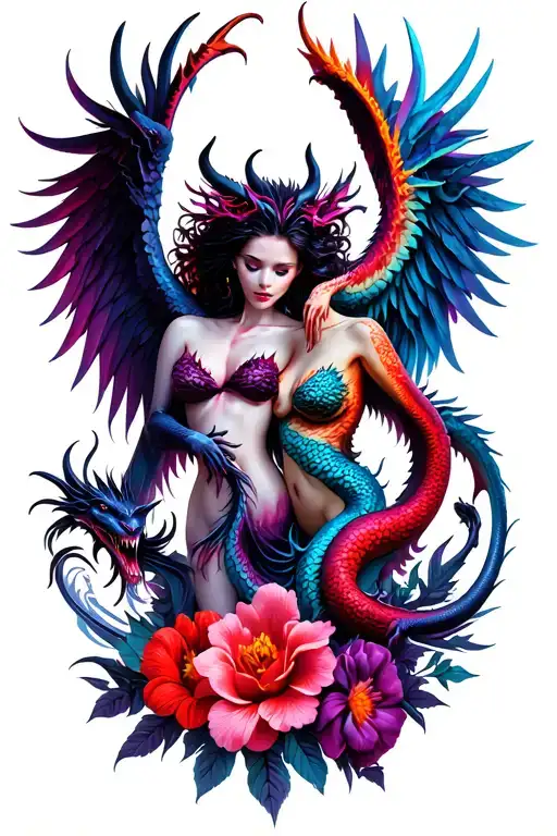 sexy demon and angel with dragon intertwined mostly blacks purples reds neon with flowers full coverage  tattoo design idea