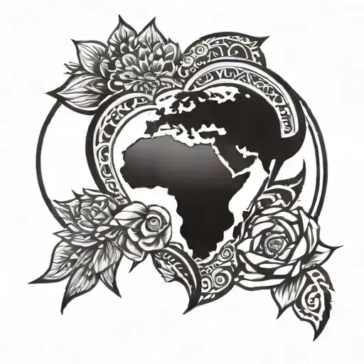 africa with heart and african tribal sunrise with african flowers tattoo design idea