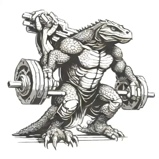 humanized komodo dragon doing a  barbell bench press tattoo design idea
