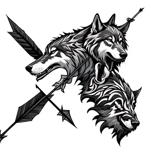 a full tribal sleeve with an arrow going through it with wolves included  tattoo design idea