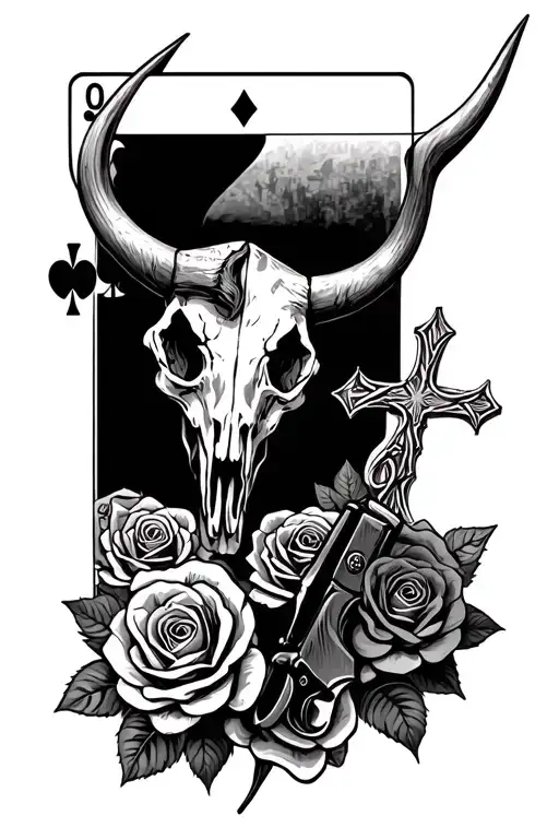 four playing cards with a longhorn skull, a revolver, with roses surrounding, a cross with a thorn crown. tattoo design idea