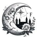 crescent moon, Aries & Libra constellations, roses, wedding rings, compass, London skyline, initials I & F tattoo design idea