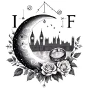 crescent moon, Aries & Libra constellations, roses, wedding rings, compass, London skyline, initials I & F tattoo design idea
