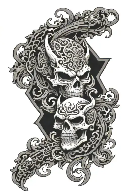 fu dog oriental background versus skull knight dark ornamental  tattoo design idea