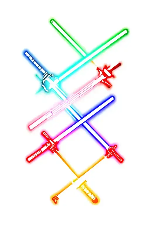 A unique design featuring all four favorite lightsabers (Darth Vader, Luke Skywalker, Mace Windu, Yoda) intertwined in a dynamic composition tattoo design idea
