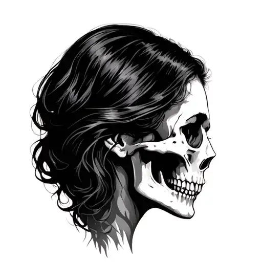 A woman’s face in profile (side view), in a dark,   Half of her face or jaw transitions into a skull  tattoo design idea