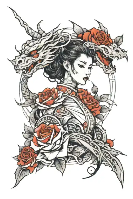 roses, dragon, warrior girl face, asain style tattoo tattoo design idea