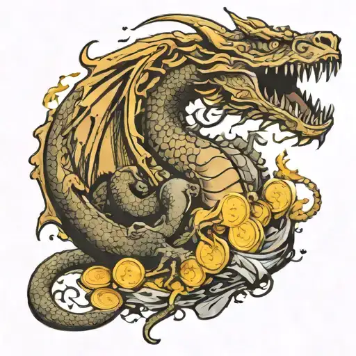 Dead dragon on a pile of golden coins and treasure, with foul smoke coming out of its nostrils tattoo design idea