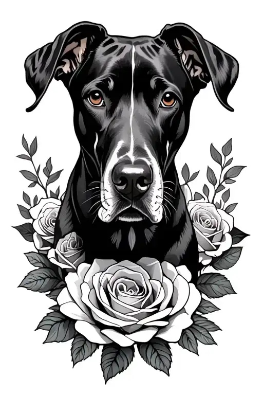 Great Dane surrounded by roses tattoo design idea