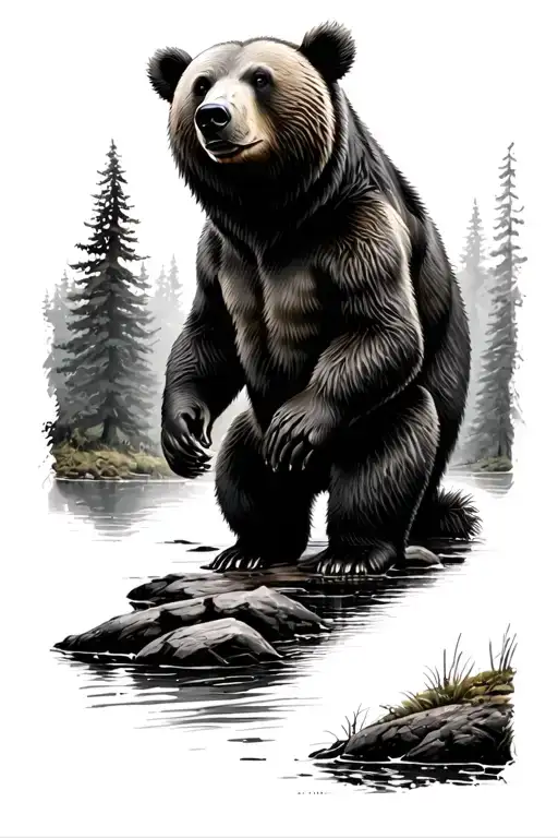 bear in a Forest next to a river  tattoo design idea
