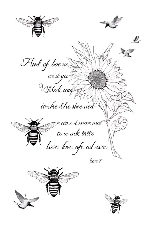 Egyptian pharaoh, bees, birds flying, sunflower, love scripture tattoo design idea